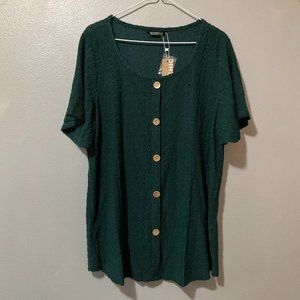 BLOOMCHIC Eyelet Flutter Sleeve Hunter Green Button Down Top Size Large